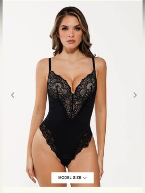 Popilush Seamless Lace V-Neck Shapewear Bodysuit Black Large NWT